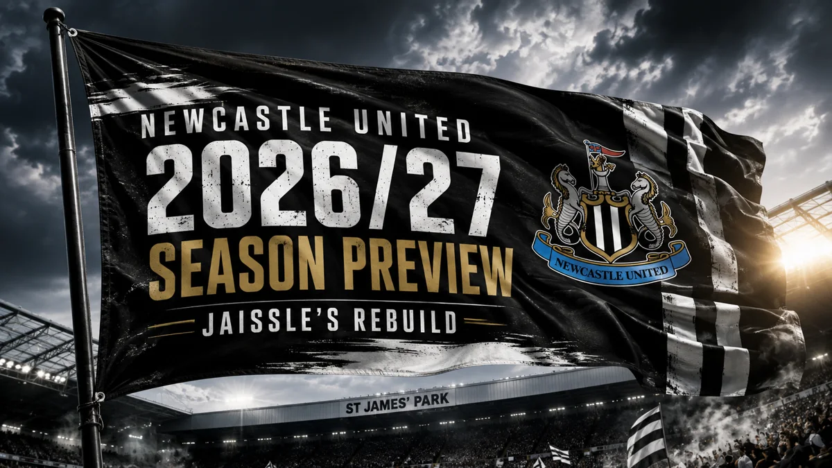 Newcastle United 2026/27 season preview featured image with a black-and-white flag waving at St James’ Park and the headline Jaissle’s Rebuild.