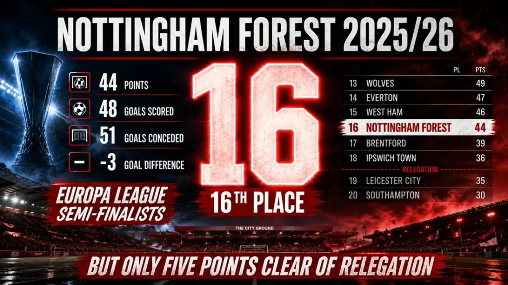 Nottingham Forest 2025/26 graphic showing a 16th-place Premier League finish with 44 points, 48 goals scored, 51 conceded and a Europa League semi-final run.