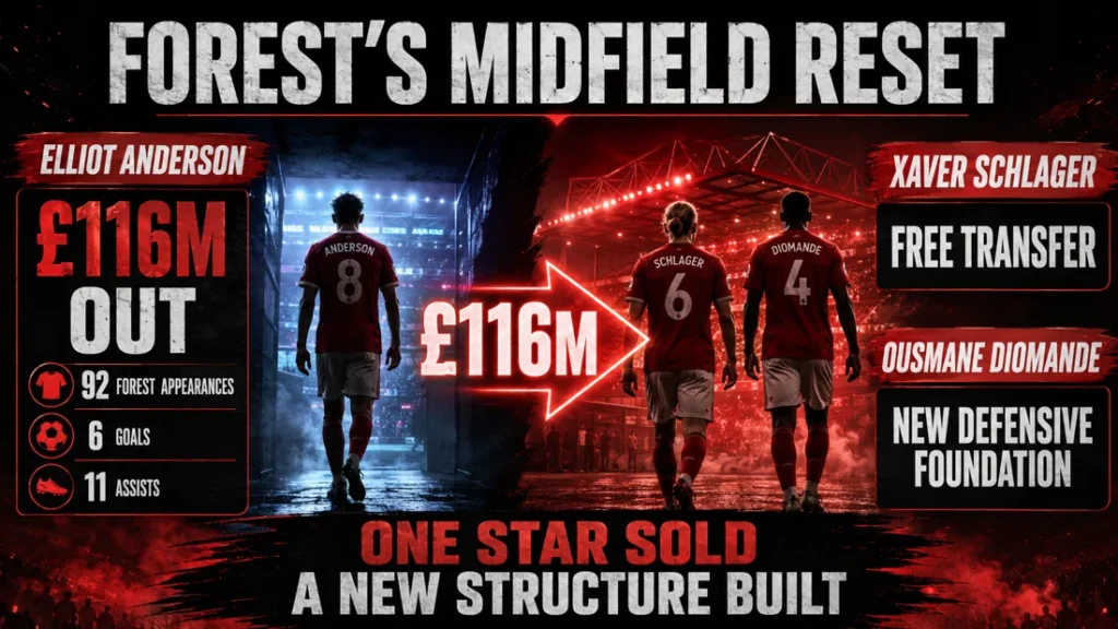 Nottingham Forest rebuild graphic showing Elliot Anderson leaving in a £116 million deal, with Xaver Schlager arriving on a free transfer and Ousmane Diomande added as a new defensive foundation.