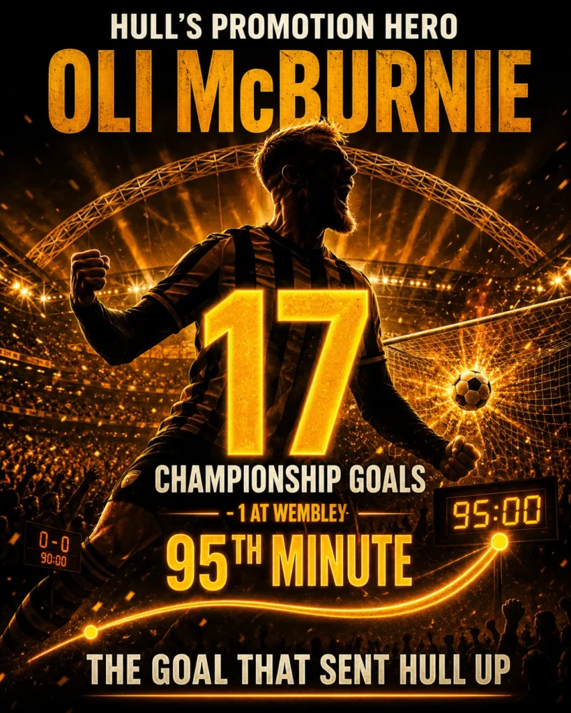 Oli McBurnie-inspired Hull City striker celebrating his 17 Championship goals and 95th-minute Wembley winner that secured promotion to the Premier League.