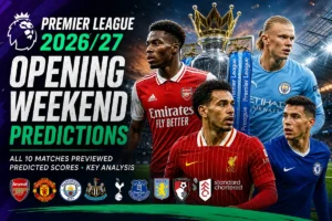 Premier League 2026/27 opening weekend predictions featuring Arsenal, Manchester City, Liverpool and Chelsea players with the Premier League trophy