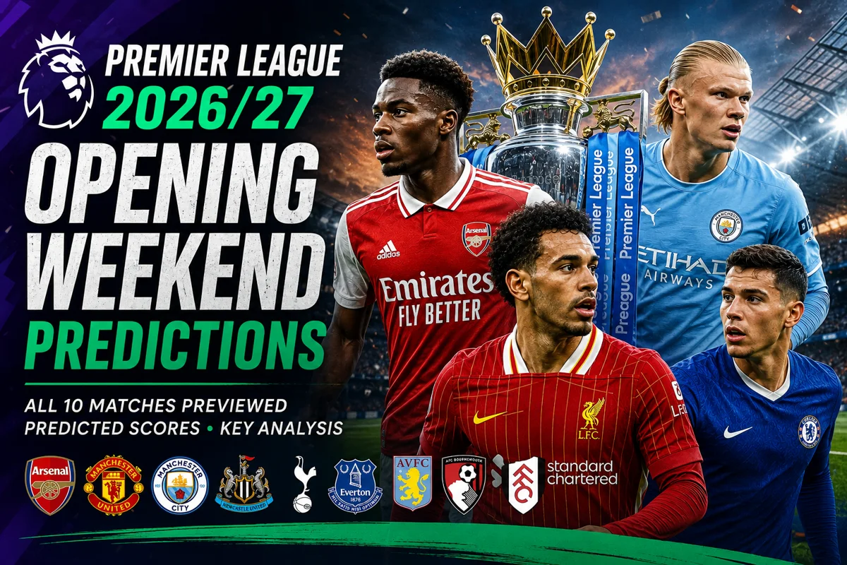 Premier League 2026/27 opening weekend predictions featuring Arsenal, Manchester City, Liverpool and Chelsea players with the Premier League trophy