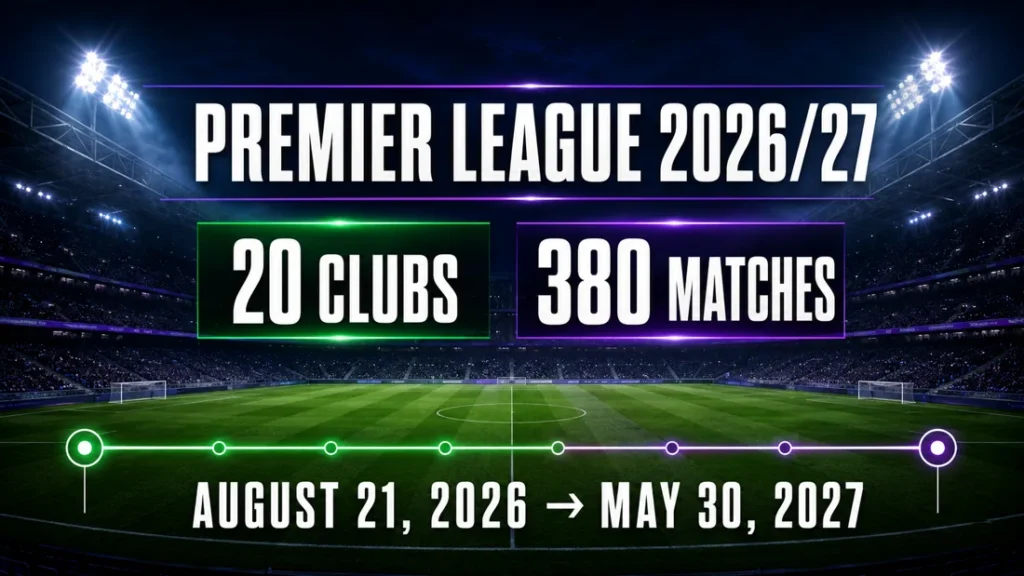 Premier League 2026/27 season timeline showing 20 clubs, 380 matches and dates from August 21, 2026 to May 30, 2027