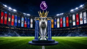 Premier League trophy beneath the competition crest with flags of all 20 clubs inside a stadium
