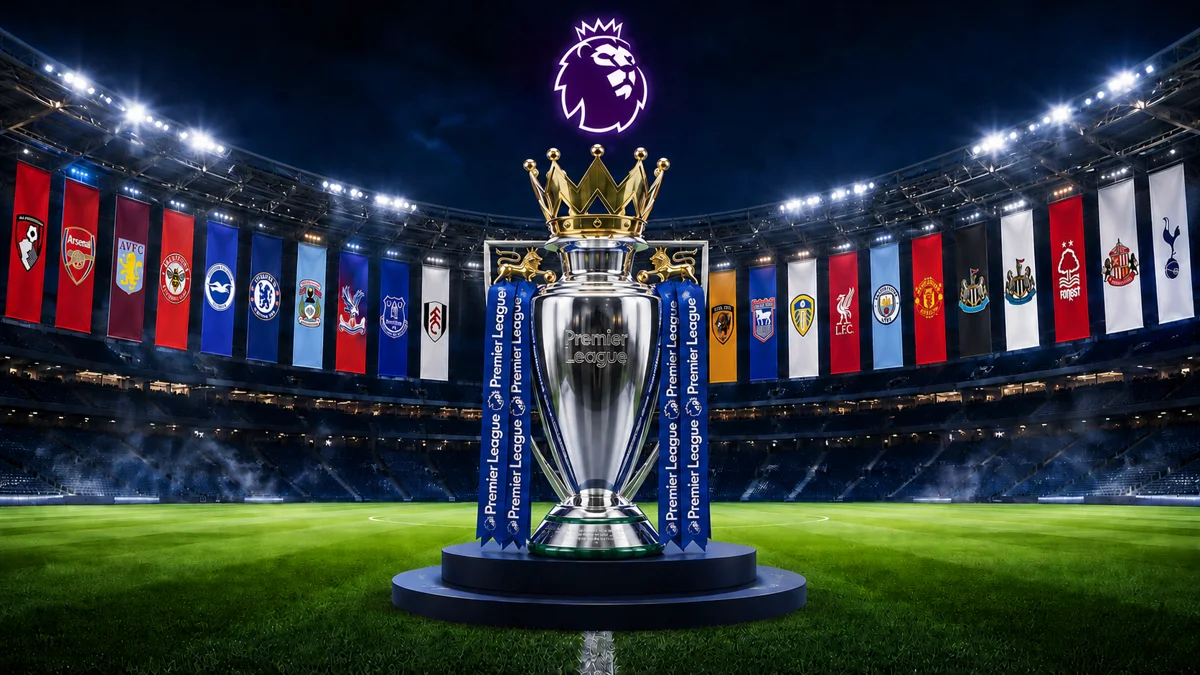 Premier League trophy beneath the competition crest with flags of all 20 clubs inside a stadium