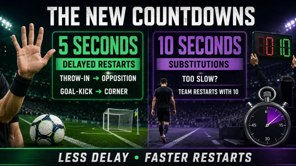 Premier League 2026/27 infographic comparing the five-second countdown for delayed restarts with the ten-second substitution rule.