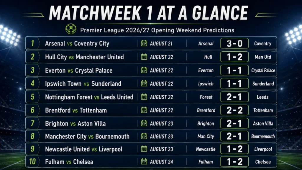 Premier League 2026/27 Matchweek 1 fixtures with Soccer Herald predicted scores for all 10 opening weekend matches