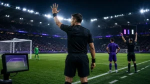 Referee signals a five-second countdown beside a VAR monitor during a match under the Premier League new rules for 2026/27.