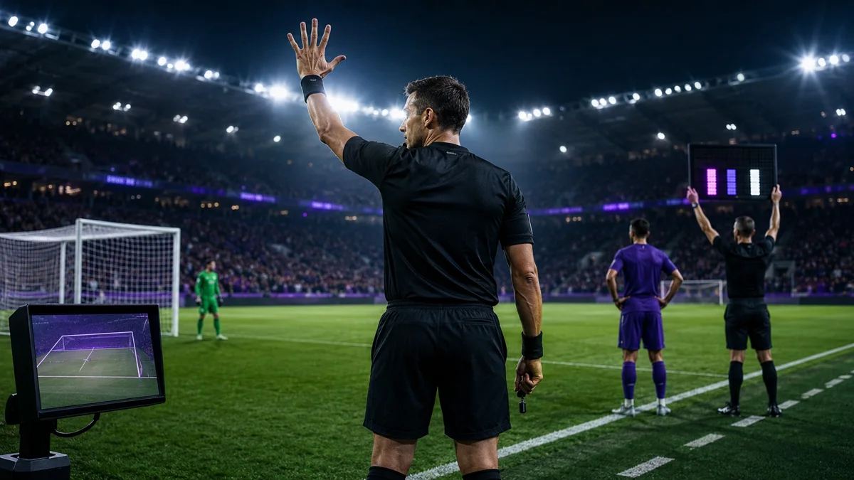 Referee signals a five-second countdown beside a VAR monitor during a match under the Premier League new rules for 2026/27.