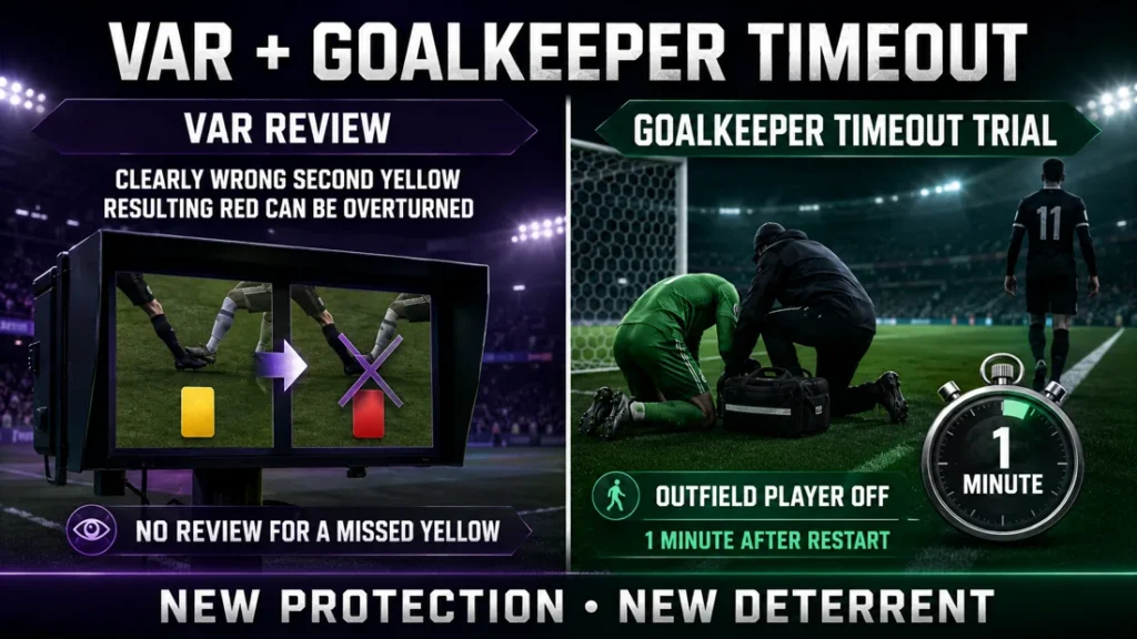 Premier League 2026/27 infographic showing a VAR review of a wrong second yellow card and the goalkeeper tactical timeout trial.
