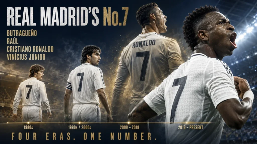 Real Madrid No.7 history graphic featuring Butragueño, Raúl, Cristiano Ronaldo and Vinícius Júnior across four eras.