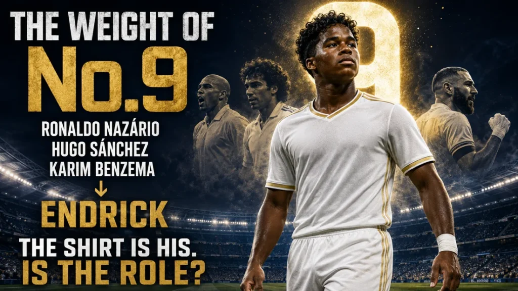 Endrick-inspired Real Madrid No.9 graphic with historical references to Ronaldo Nazário, Hugo Sánchez and Karim Benzema.