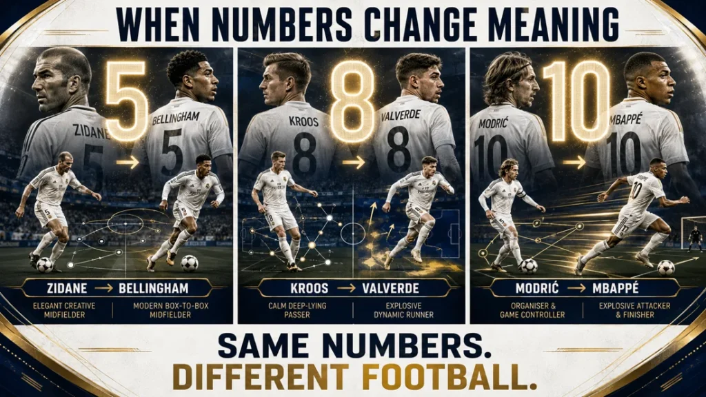 Real Madrid shirt number graphic comparing Zidane and Bellingham as No.5, Kroos and Valverde as No.8, and Modrić and Mbappé as No.10.