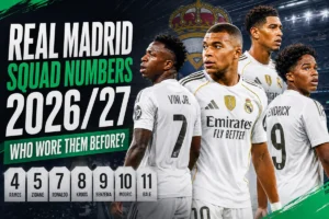 Real Madrid squad numbers 2026/27 featuring Mbappé, Vinícius, Endrick and Bellingham with historic shirt numbers 4, 5, 7, 8, 9, 10 and 11.
