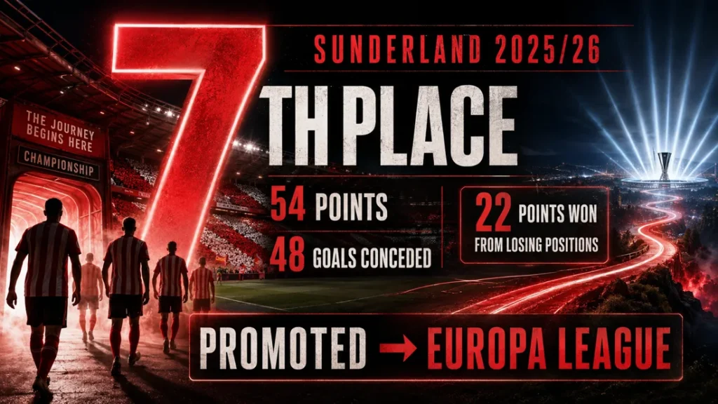 Sunderland 2025/26 graphic showing seventh place, 54 points, 48 goals conceded and 22 points won from losing positions on the way to Europa League qualification.