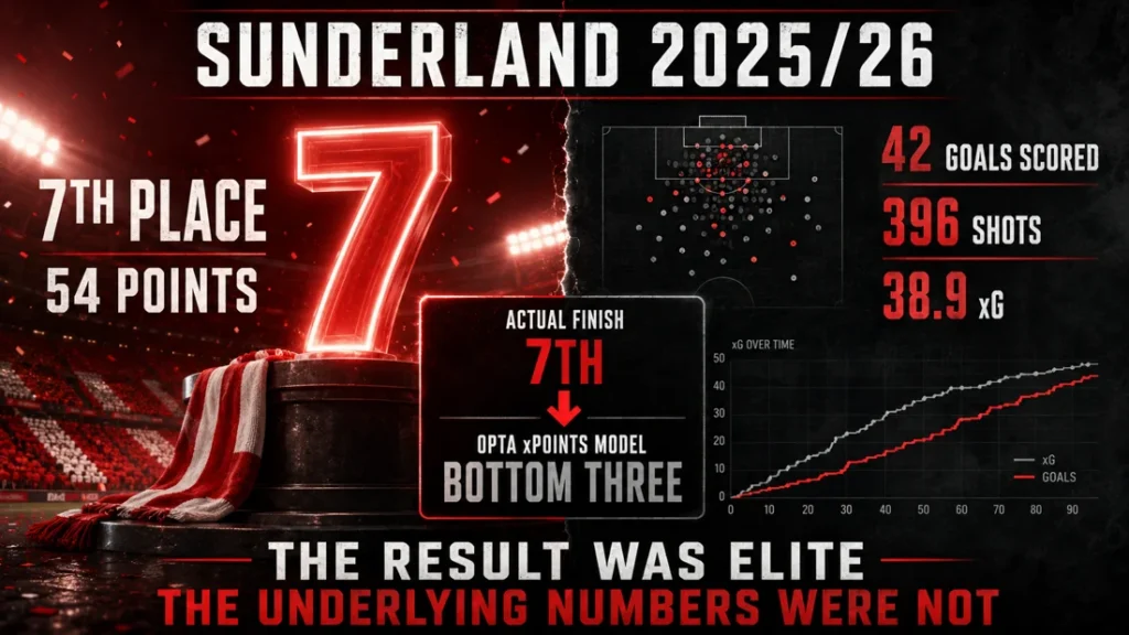 Sunderland 2025/26 graphic comparing a seventh-place finish and 54 points with 42 goals scored, 396 shots, 38.9 xG and an Opta xPoints model placing them in the bottom three.
