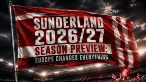 Sunderland 2026/27 season preview featured image with a red-and-white flag waving above a floodlit stadium and the full headline Europe Changes Everything.