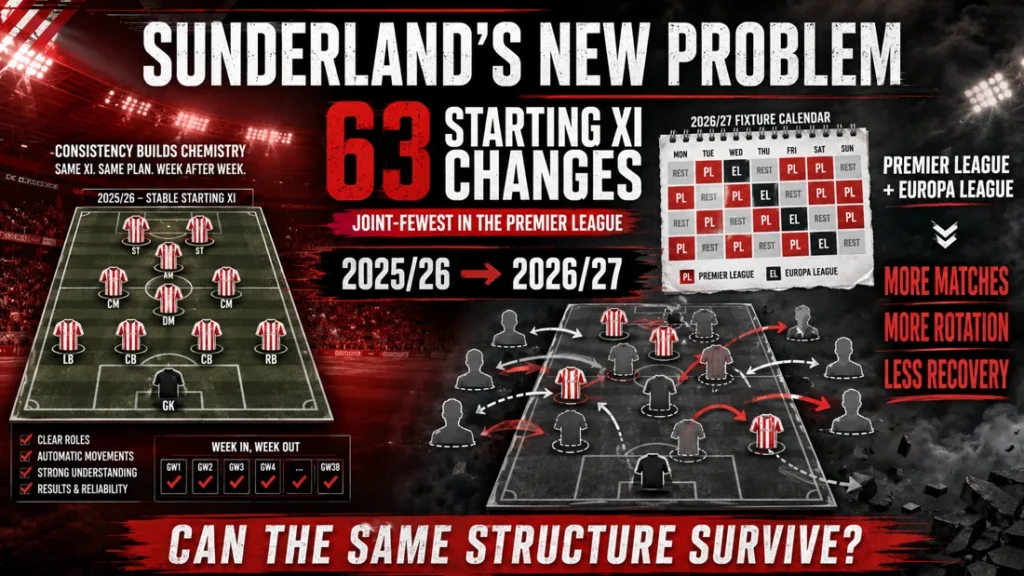 Sunderland 2026/27 graphic showing 63 starting XI changes in 2025/26, the joint-fewest in the Premier League, and the added rotation demands of Europa League football.