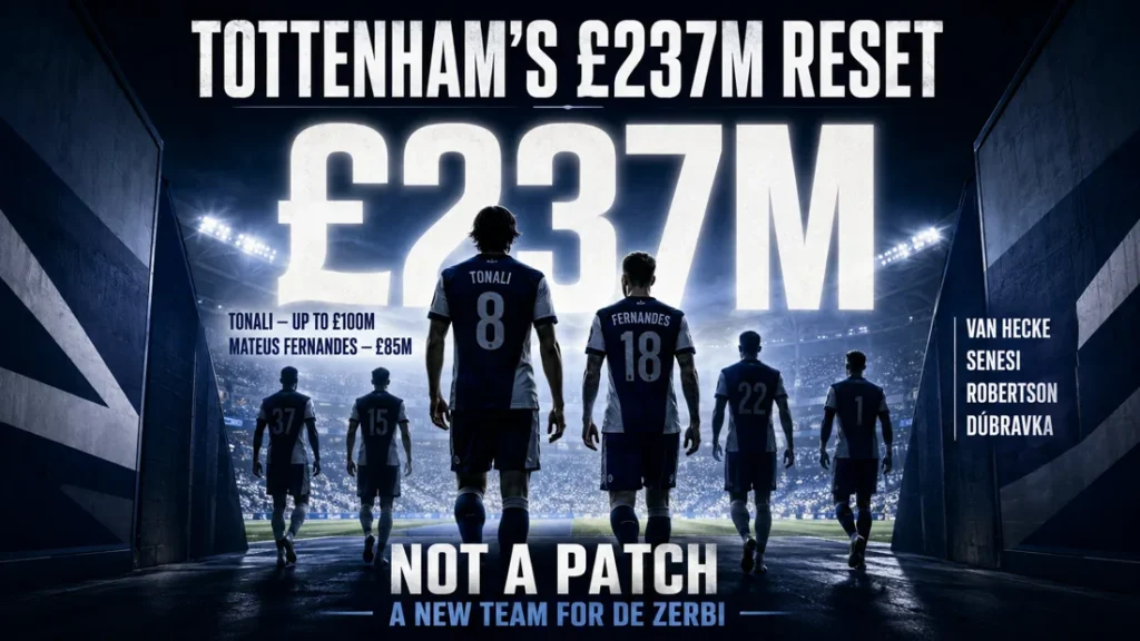 Tottenham Hotspur rebuild graphic showing £237 million of summer spending, including Sandro Tonali for up to £100 million and Mateus Fernandes for £85 million, alongside Van Hecke, Senesi, Robertson and Dúbravka
