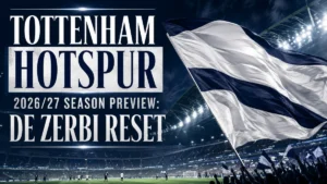 Tottenham Hotspur 2026/27 season preview featured image with a navy-and-white flag waving inside a floodlit stadium and the full headline De Zerbi Reset.