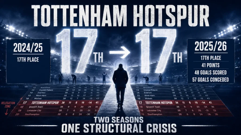 Tottenham Hotspur graphic showing consecutive 17th-place Premier League finishes in 2024/25 and 2025/26, with 41 points, 48 goals scored and 57 conceded last season.