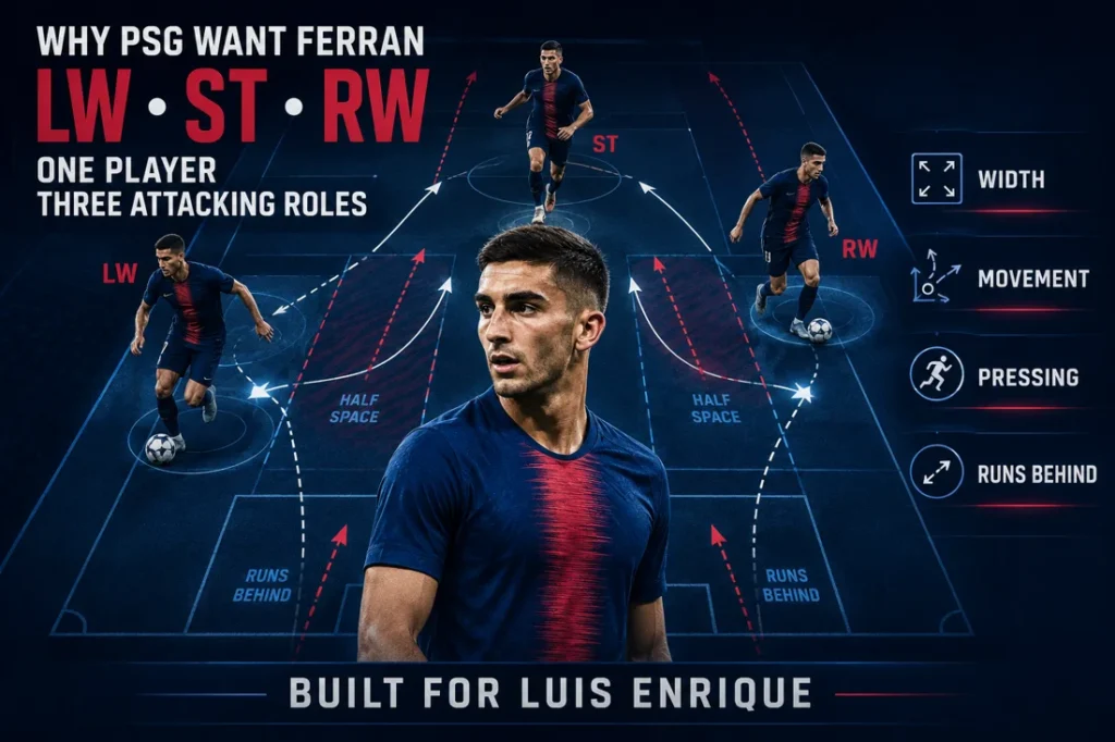 Tactical graphic showing why PSG want Ferran Torres, highlighting his ability to play left wing, striker and right wing.